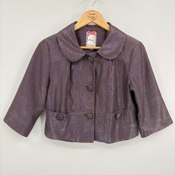 Anthropologie Yoanna Baraschi Cropped Blazer in Shiny Purple, Sz 4, Button Front - Picture 1 of 9